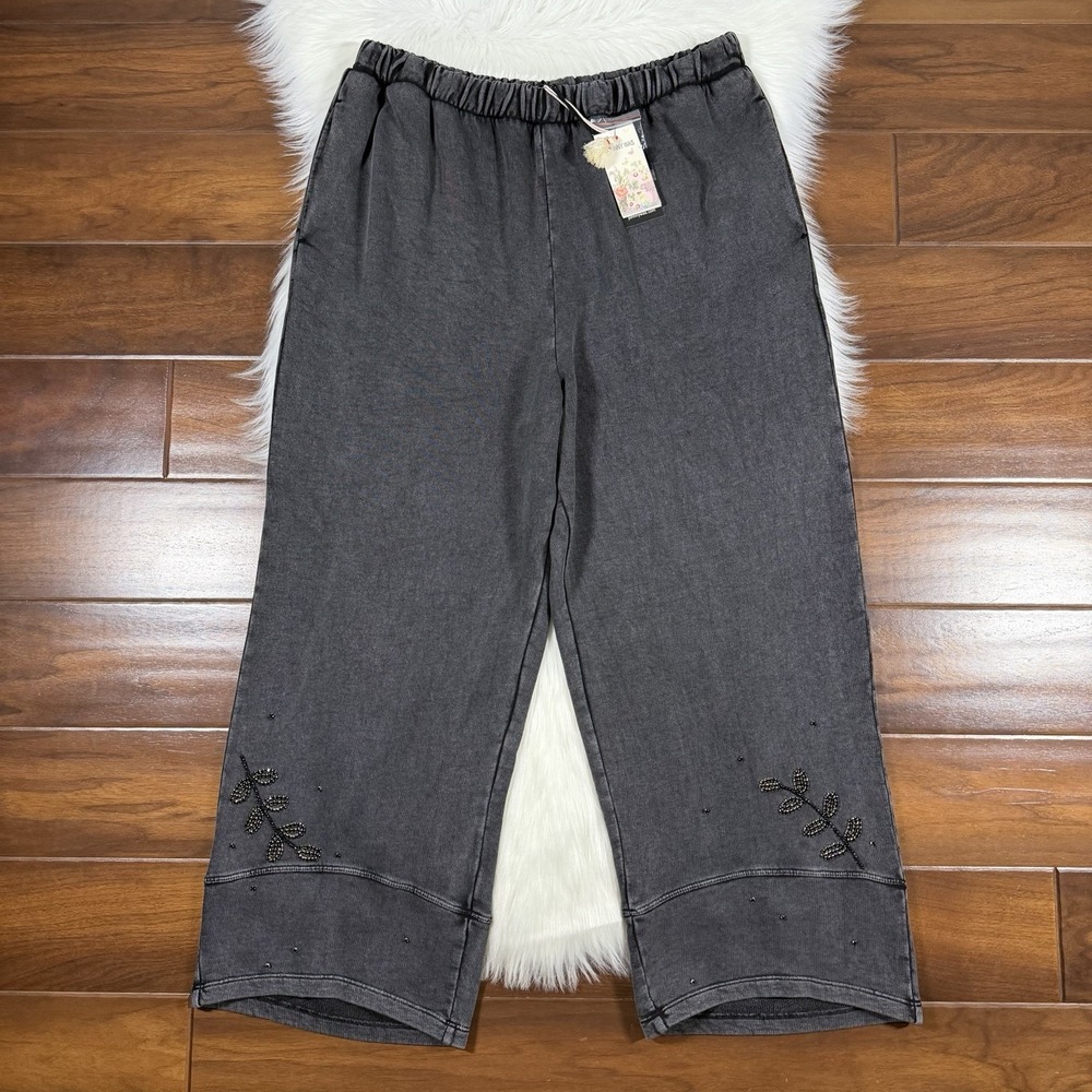Johnny Was Womens Size Large Gray Jewel French Terry Linen Barrel Pull On Pants